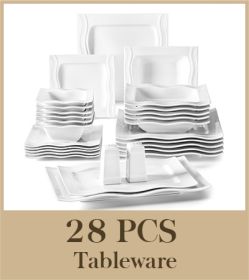 MALACASA Square Dinnerware Sets 28 Piece White Porcelain Plates and Bowls Set Salt Pepper Pot Salad Pasta Bowls Dinner Set