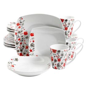 16pc Round Square Floral Fine Ceramic Dinnerware Set White Glossy Finish Microwave Dishwasher Safe incl. 4 Bowls Plates Mugs