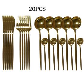 20pcs Gold Dinnerware Set Stainless Steel Cutlery Set Mirror Silverware Knife Fork Spoon Tableware Flatware Set Dishwasher Safe (Color: 20pc-gold)