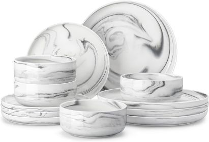 Plates and Bowls Sets, 12 Pieces Porcelain Dinnerware Sets Dishware Sets Chip Resistant Ceramic Dish Set for 4, (Plate Size: 12 Pieces, Color: Marble Grey)