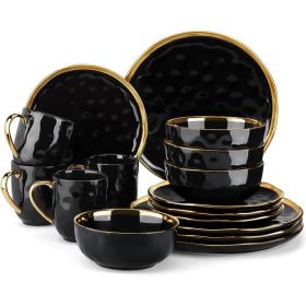 Black and Gold Dishes Sets, Stoneware Dinnerware Sets for 4, 16 Piece Plates and Bowls Sets, Handmade Dinnerware with Gold Trim (Color: Black and Gold)