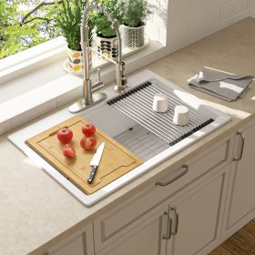 Drop In Quartz Workstation Kitchen Sink Top mount Single Bowl Granite Composite Sink with Roll-up Drying Rack, Cutting Board, Bottom Grid and Strainer (Color: White, size: 33in.*22in.*9.65in.)